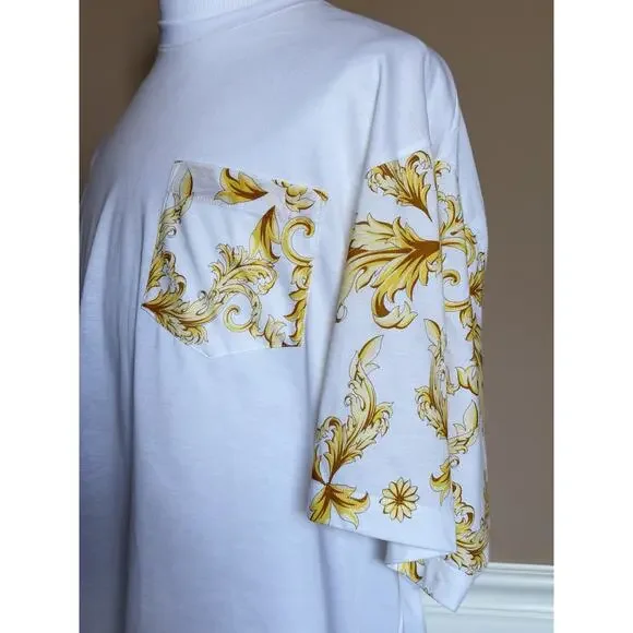 Versace Leafy Print Cotton Jersey T-Shirt White & Gold 5XL 1021353 Italy NWT